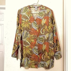 VTG 80’ ANNA AND FRANK Silk Tropical Palm leaves tunic blouse womens size M